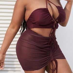 Burgundy Ruched Three-Piece Swimsuit Set